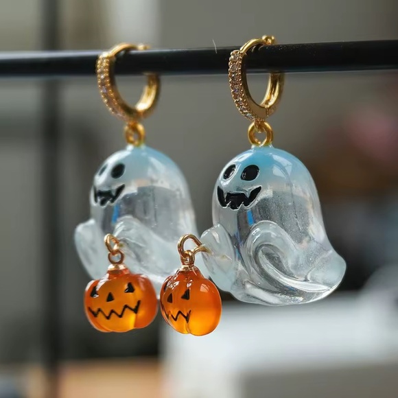 Festive Halloween Ghost and Pumpkin Dangle Earrings - Picture 1 of 2